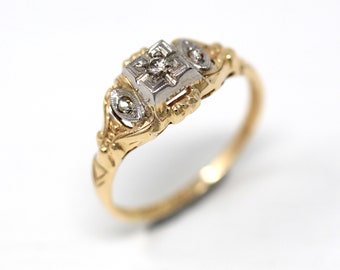 Vintage-Verlobungsring – Retro-Ära, 14 Karat Gelbgold, .04 ctw, echte Diamant-Edelsteine – ca. 1940er Jahre, Größe 4,75, feiner 40er-Jahre-Braut-Edelsteinschmuck