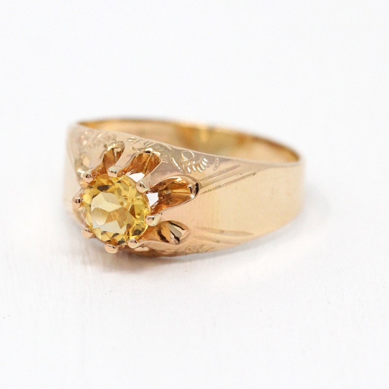 Vintage 1910 Sz 9 12 Engraved Unisex Jewelry Edwardian 14k Gold Shell Belcher Setting Genu .79 CT Gemstone Sale Antique Citrine Ring