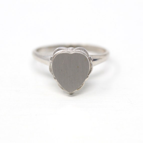 Blank Signet Ring - Retro 10k White Gold Heart Pe… - image 1