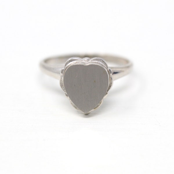 Blank Signet Ring - Retro 10k White Gold Heart Personalize Engrave Initials - Vintage Circa 1960s Era Size 7 Letters PSCO Fine 60s Jewelry