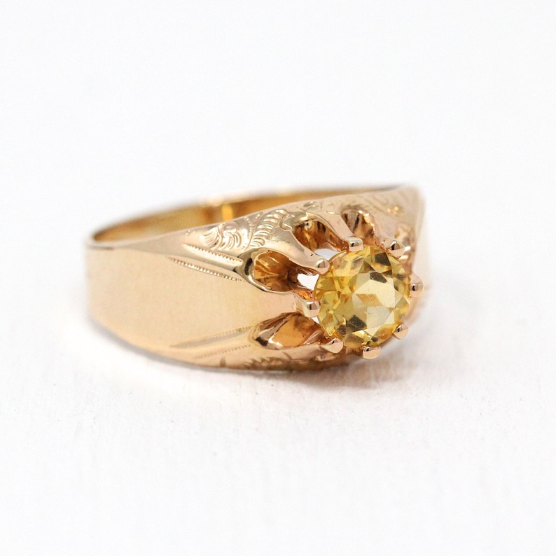 Vintage 1910 Sz 9 12 Engraved Unisex Jewelry Edwardian 14k Gold Shell Belcher Setting Genu .79 CT Gemstone Sale Antique Citrine Ring