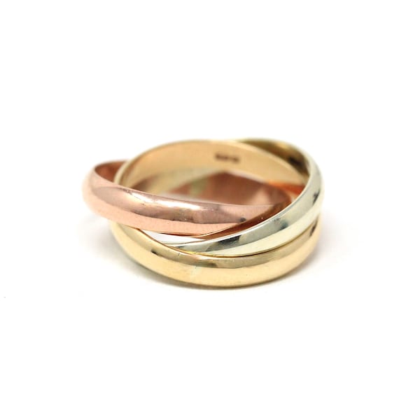 Rolling Trinity Ring - Vintage 9k Yellow Rose & White Gold Three Interlocking Bands - Modern Estate 1988 Size 3 1/4 Multi Tone Fine Jewelry