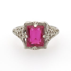 Created Ruby Ring - Vintage 14k White Gold 4.25 CT French Cut Red Art Deco Filigree - Circa 1930s Size 6 1/2 July Birthstone Fine Jewelry