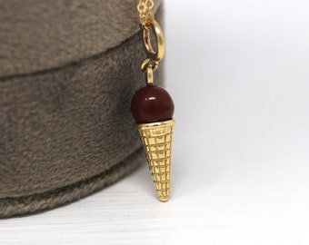 Sale - Ice Cream Cone Charm - Estate 14k Yellow Gold Chocolate Brown Glass Bead Pendant - Modern Circa 2000s Food Sweet Treat Fine Jewelry