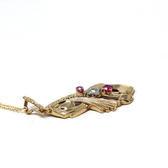 Retro Created Ruby Lavalier - 10k Yellow Gold Thr… - image 5