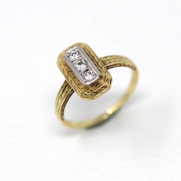 Bague en diamant véritable - Art Déco 14k Or Jaune & Blanc .09 CTW Gemstones - vintage Circa 1930s Era Taille 5 1/2 Bijoux de fiançailles de mariage