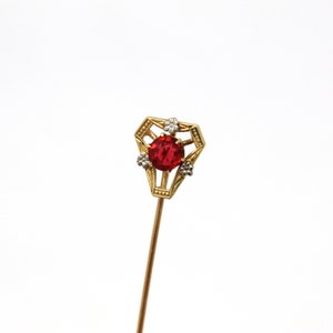 Sale - Antique Stick Pin - Art Deco Simulated Ruby Red Glass 10k Yellow Gold Floral - Circa 1930s Two Tone Milgrain Prong Setting Jewelry