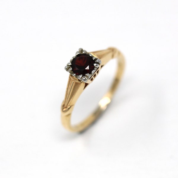 Vintage Garnet Ring - Retro 14k Yellow Gold Red Hued Round Facet .26 Carat Gemstone - Retro Circa 1940s Era Size 4.75 Solitaire Fine Jewelry