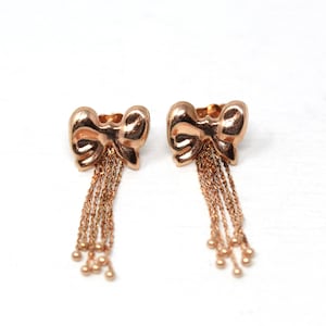 Pendientes de lazo Estate - Modernos pendientes colgantes con borla de cinta de oro rosa de 14 k - Estilo de los años 2000 - Joyería fina cinética italiana