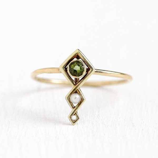 Sale - Vintage Peridot Ring - 14k Yellow Gold Green Gemstone & Pearl - Antique Size 5 Stick Pin Conversion August Birthstone Fine Jewelry
