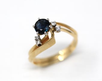 Wedding Ring Set - Retro Era 14k Yellow & White Gold Genuine .85 CT Blue Sapphire Gem - Vintage Circa 1970s Size 8 1/4 Diamond Fine Jewelry