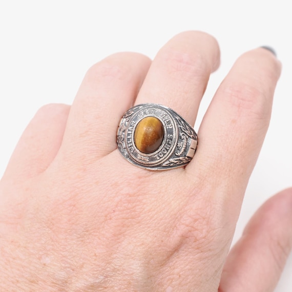 William Penn High School Ring - Art Deco Era Sterling Silver Cabochon Tiger's Eye Gemstone - Vintage Dated 1936 Size 10 1/4 PA Class Jewelry View 2