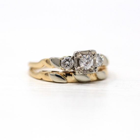 Sale - Wedding Ring Set - Retro 14k Yellow & Whit… - image 5
