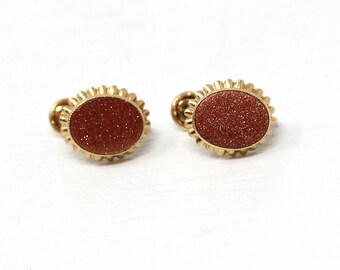 Goldstone Glass Earrings - Retro 10k Rosy Yellow Gold Oval Sparkling Brown Gems - Vintage Circa 1960s Era Screw Back Style Fine PSCO Jewelry