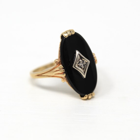 Onyx & Diamond Ring - Retro 10k Yellow Gold Oval … - image 3