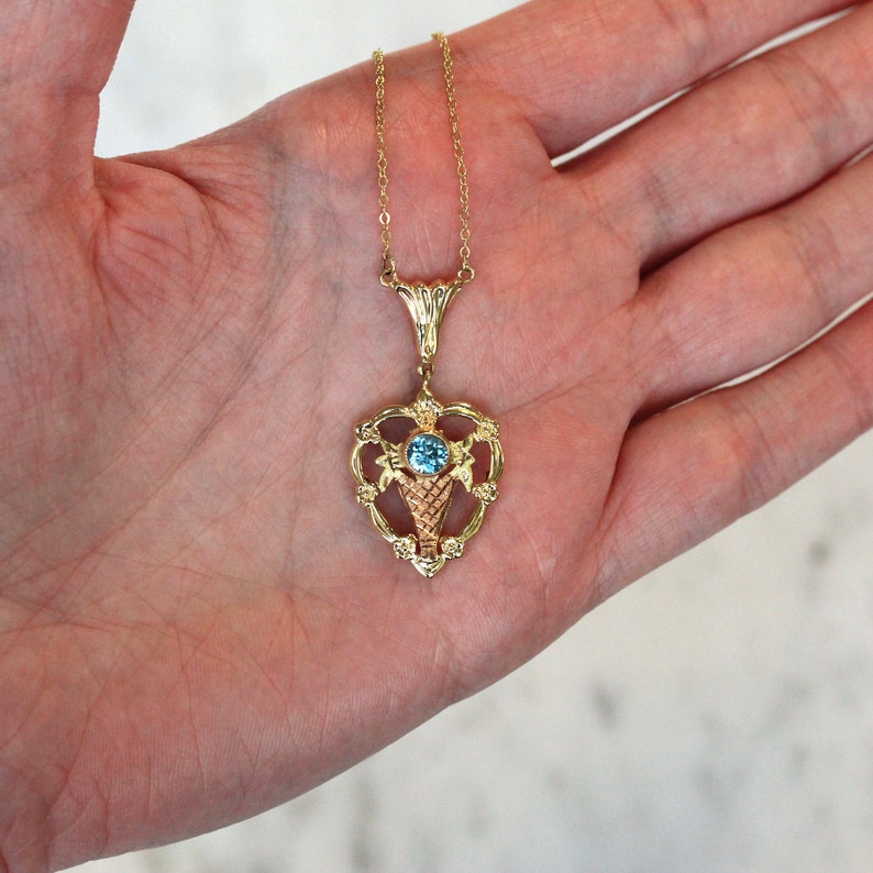 Vintage Zircon Necklace 1940s Era Genuine .70 CT Blue Gem Fine Rose Jewelry Sale Retro 10k Yellow Gold Heart Floral Gemstone Pendant
