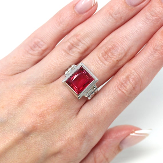 Sale - Created Ruby Ring - Art Deco 10k White Gol… - image 2