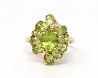 Sale - Genuine Peridot Ring - Estate 10k Yellow Gold Oval Faceted 3.95 CTW Green - Modern 2000s Era Size 7 August Birthstone Cluster Jewelry