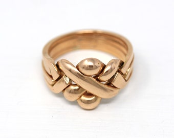 Sale - Vintage Puzzle Ring - Retro 14k Rose Gold Four Interlocking Statement Band - Circa 1970s Era Size 11 1/4 Infinity Woven Knot Jewelry