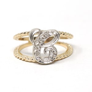 Letter "C" Ring - Estate 14k Yellow & White Gold Initial Monogram Diamonds - Modern Circa 1990s Era Size 5 Statement Twisted Design Jewelry