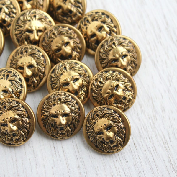 Vintage Brass Lion Button Lot - 15 Gold Tone Supply Figural Shank Buttons / Wild Cat Head Findings