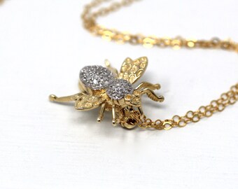 Estate Bug Pendant - Modern 10k Yellow & White Gold Genuine Diamond Brooch Necklace - Vintage Circa 1980s Era Flying Bee Insect Fine Jewelry