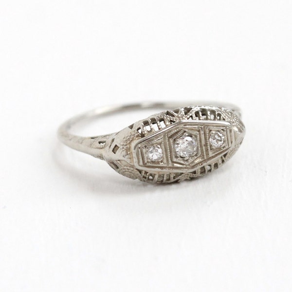 Antique 18k White Gold Triple Diamond Filigree Ring - Size 8.5 Vintage Art Deco 1920s 1930s Floral Flower Motif Fine Engagement Jewelry