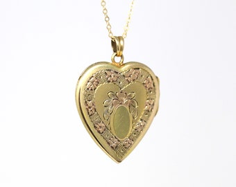 Vintage Heart Locket - Retro 12k Yellow & Rose Gold Filled Flower Pendant Necklace - Circa 1940s Floral Keepsake Hayward 40s Love Jewelry