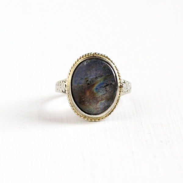 Vintage 14k White Gold Labradorite Ring - Size 4.5 Art Deco Floral Filigree 1920s 1930s Flower Shoulders Fine Gemstone Engagement Jewelry