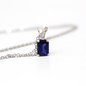 Sale - Created Sapphire Necklace - Modern 10k White Gold Rectangular Faceted 1.27 CT Blue Stone Pendant - Estate Circa 2000's Era Jewelry