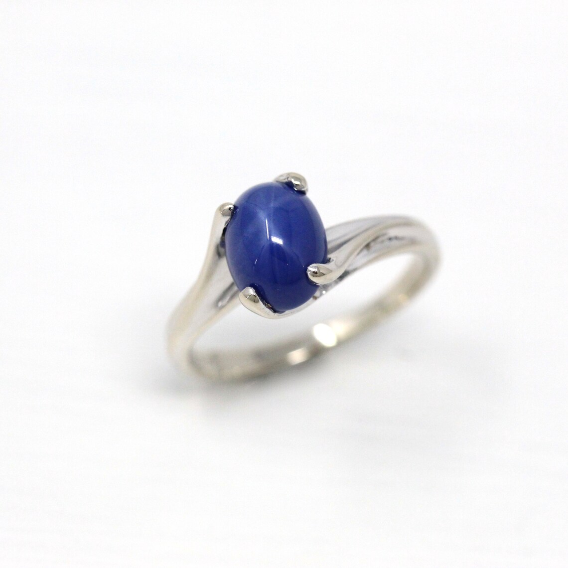 Created Star Sapphire Ring Retro 14k White Gold Asymmetrical | Etsy