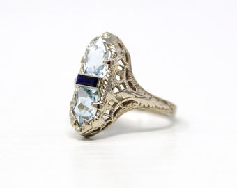 Genuine Aquamarine Ring - Antique Art Deco Era Created Sapphire Statement - Vintage Circa 1920s Size 4 Filigree Blue Gem March Fine Jewelry