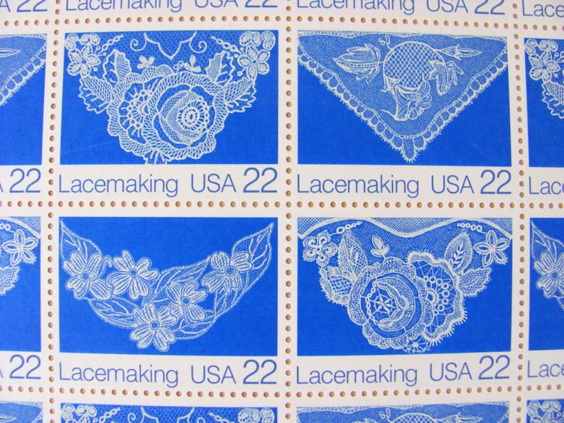 Lacemaking UNused Vintage US Postage Stamps Full Sheet of 40 22cent 1980s Blue White Save the Date Wedding Invitations Floral Lace Postage image 1