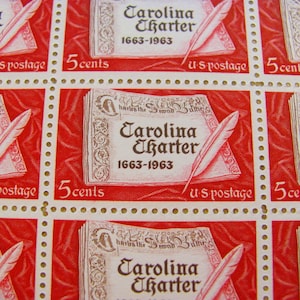 Carolina Charter Full Sheet of 50 Vintage US Postage Stamps 5c Red Scott 1230 UNC Tarheels Raleigh Durham Save the Date Wedding Postage NC