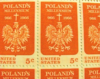 Polish Pride Full Sheet of 50 Vintage UNused US Postage Stamps Poland's Millenium 1966 5-c Polish Eagle Ephemera Christmas Valentine Polska
