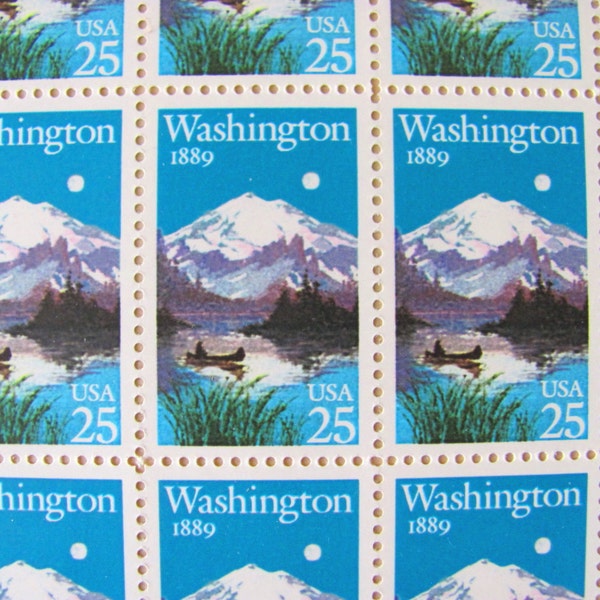 Washington Statehood 50 UNused Vintage US Postage Stamps Full Sheet 25 cents 1989 Seattle WA Valentine's Save the Date Wedding Postage Canoe