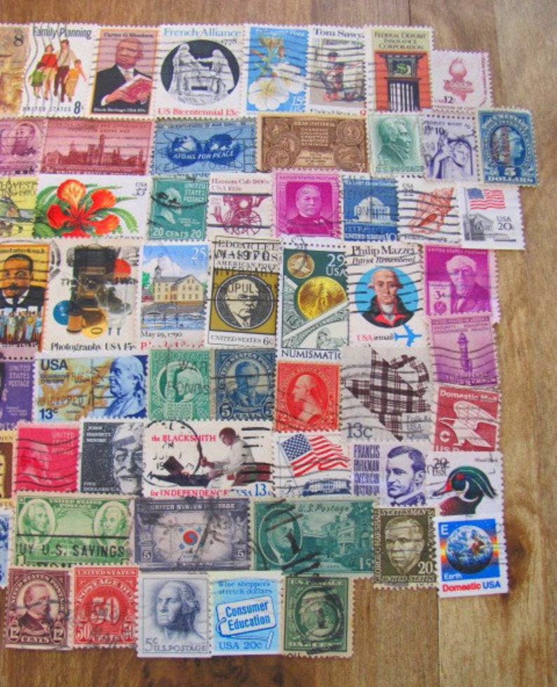 Antiques Roadshow 100 Vintage US Postage Stamps Americana Collage Old Fashioned Philately Civil Rights Revolutionary War Midwest Dustbowl image 5