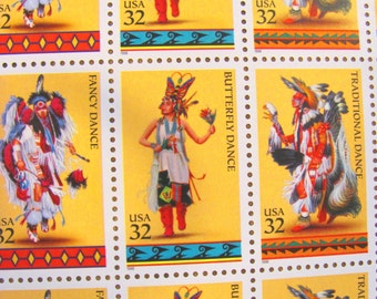 Native Americans Full Sheet of 20 Vintage UNused US Postage Stamps 32c American Indian Dances Headdresses Fancy Butterfly Raven Hoop Tribal