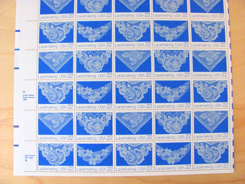 Lacemaking UNused Vintage US Postage Stamps Full Sheet of 40 22cent 1980s Blue White Save the Date Wedding Invitations Floral Lace Postage image 5