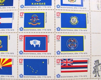 Bicentennial Era 1776-1976 Full Sheet of 50 UNused Vintage US Postage Stamps 13-c 1976 Save the Date Nautical United States State Flags USA