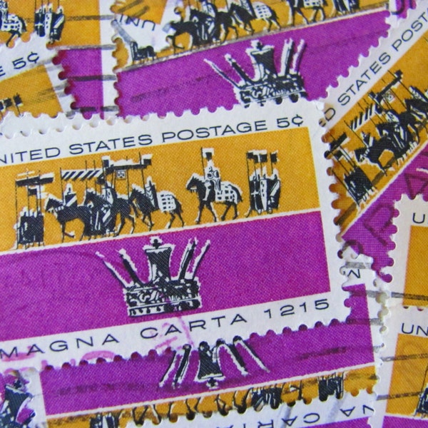 Magna Carta 30 Vintage US Postage Stamps Common Law 5c Purple Gold Scrapbooking Ephemera Great Charter Crown Royal Freedom Independence 1265