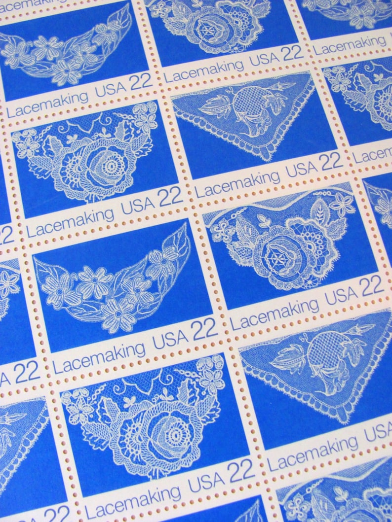 Lacemaking UNused Vintage US Postage Stamps Full Sheet of 40 22cent 1980s Blue White Save the Date Wedding Invitations Floral Lace Postage image 2