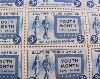 Salute to Youth Full Sheet of 50 UNused Vintage US Postage Stamps 3-c Young America Mentor After School Birthday Save Date Wedding Postage