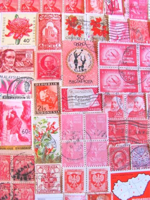 Shades of Red 100 Vintage Postage Stamps Salmon Carnation Rose Pink Ruby Carmine Scarlet Scrapbooking Ephemera US Worldwide Philately 2