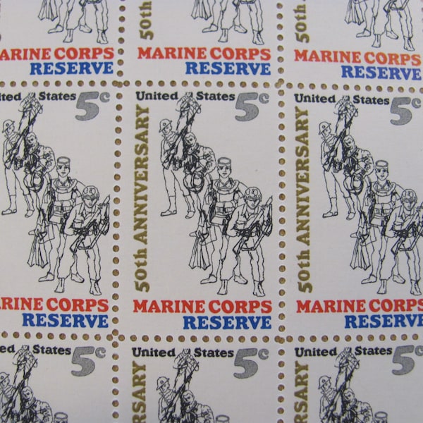 Marine Corps Reserve Feuille complète de 50 timbres-poste américains vintage UNused 1966 5c 50th Anniversary Commemorative War Veteran Soldier Hero USA