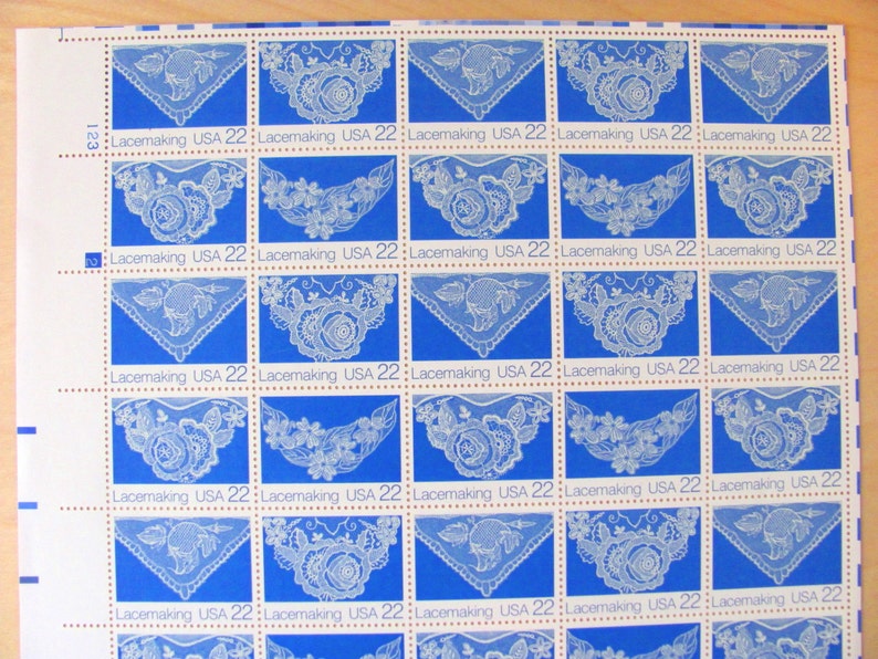 Lacemaking UNused Vintage US Postage Stamps Full Sheet of 40 22cent 1980s Blue White Save the Date Wedding Invitations Floral Lace Postage image 3