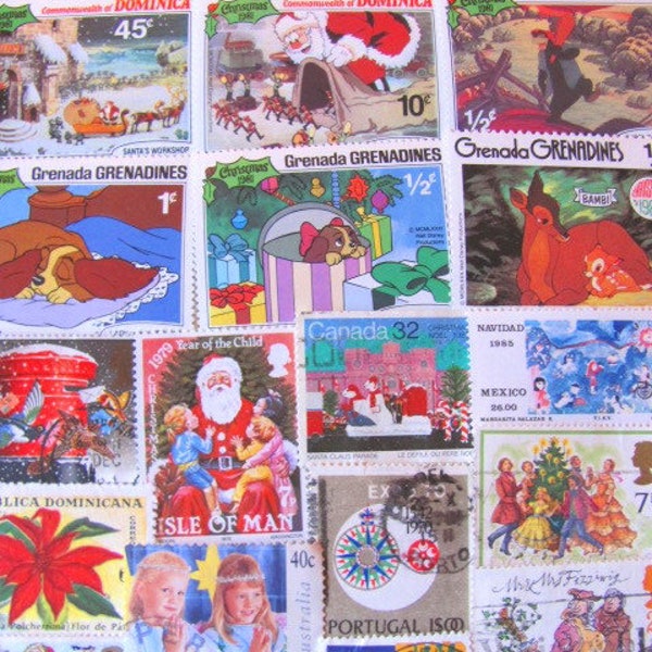 Season's Greetings 50 Premium Vintage Christmas Postage Stamps Worldwide Contemporary XMas Scrapbooking Happy Holidays Santa Toy Candle Joy