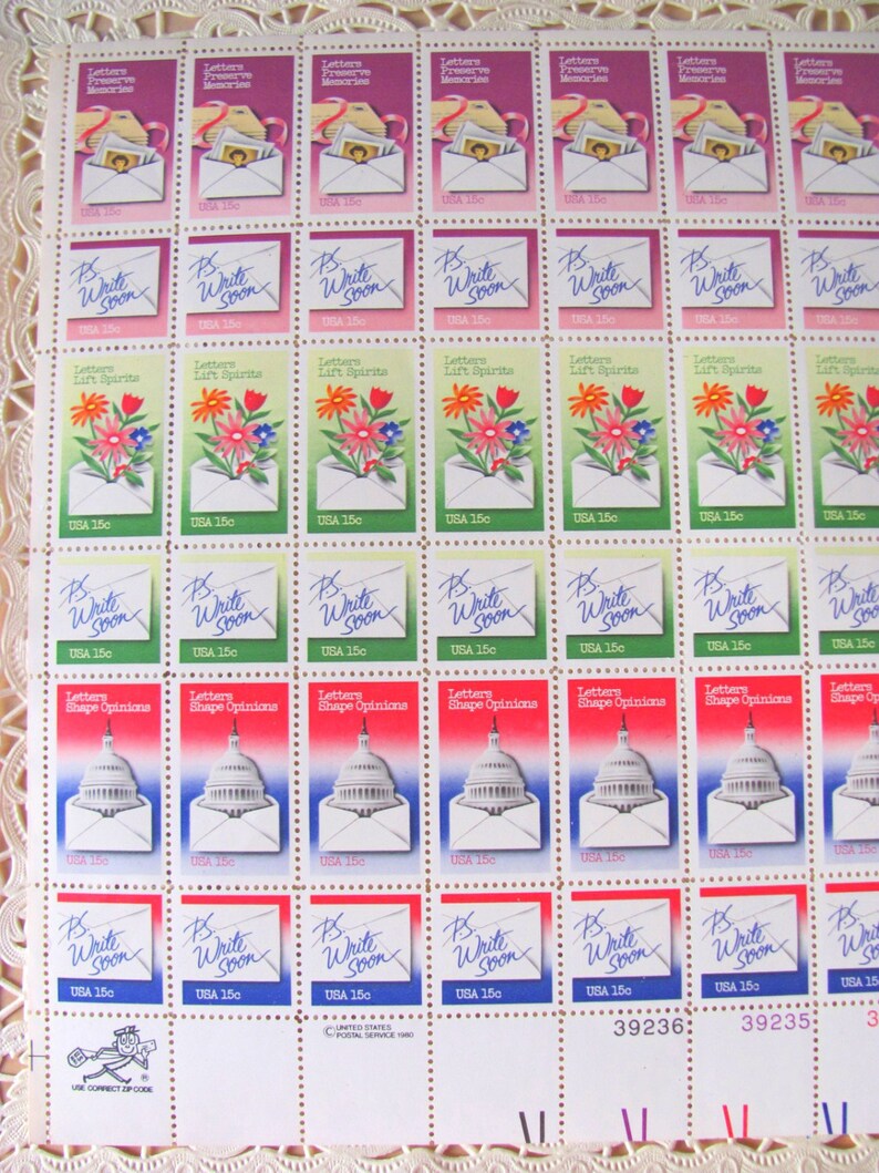 UNused Vintage US Postage Stamps Full Sheet of 60 15cent 1980s National Letter Writing Week Postage Stamps Valentine's Save the Date Wedding image 2