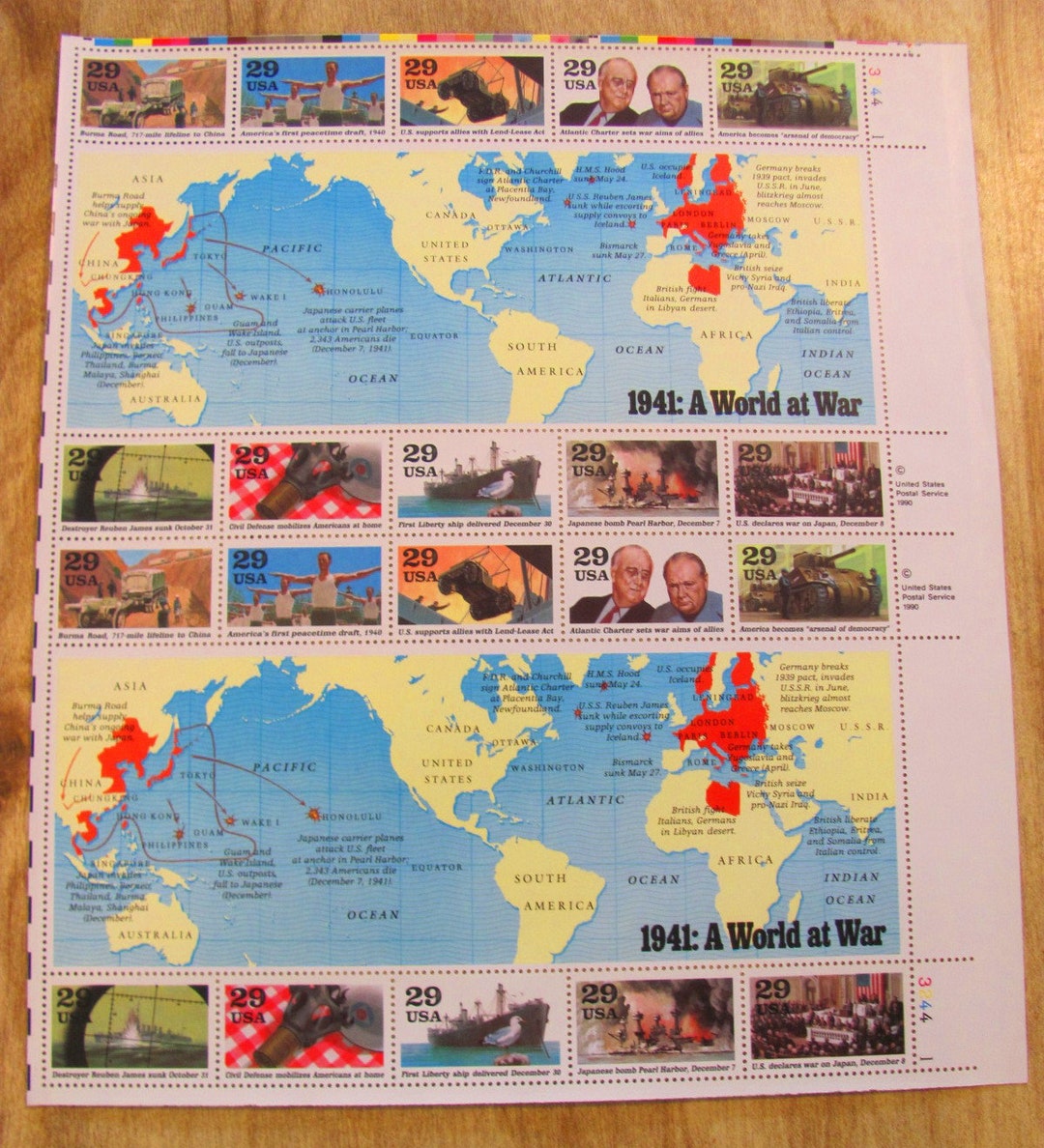 1941 A World at War Full Sheet 20 Unused Vintage US Postage Stamps 29c