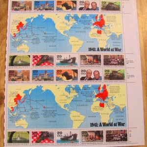 1941 A World at War Full Sheet 20 UNused Vintage US Postage Stamps 29c Allies Axis Europe Japan Pearl Harbor Save the Date Wedding Postage